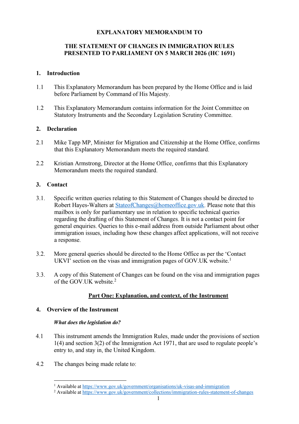 Explanatory Memorandum to the Statement of Changes in Immigration Rules