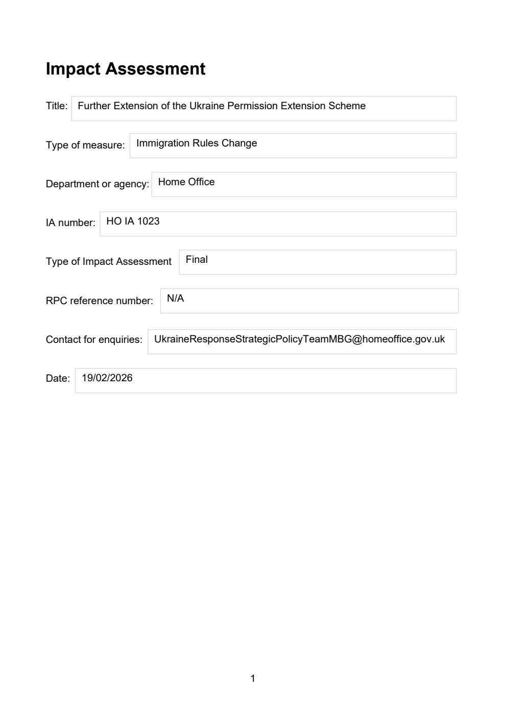 Impact assessment: further extension of the Ukraine Permission Extension Scheme