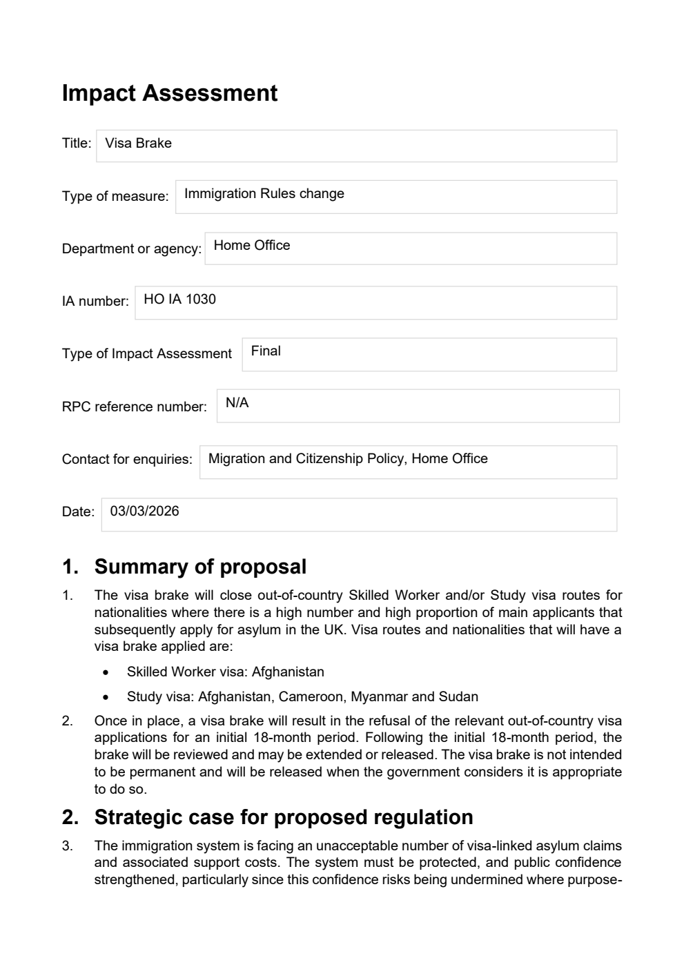 Impact assessment: visa brake