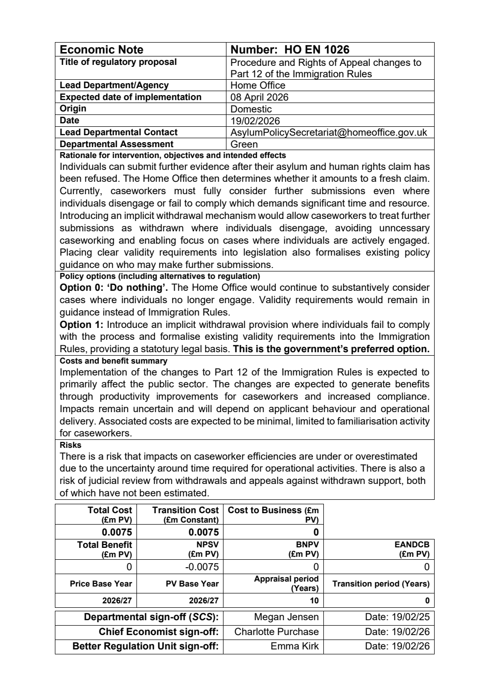 Economic note: procedure and rights of appeal changes to Part 12 of the Immigration Rules