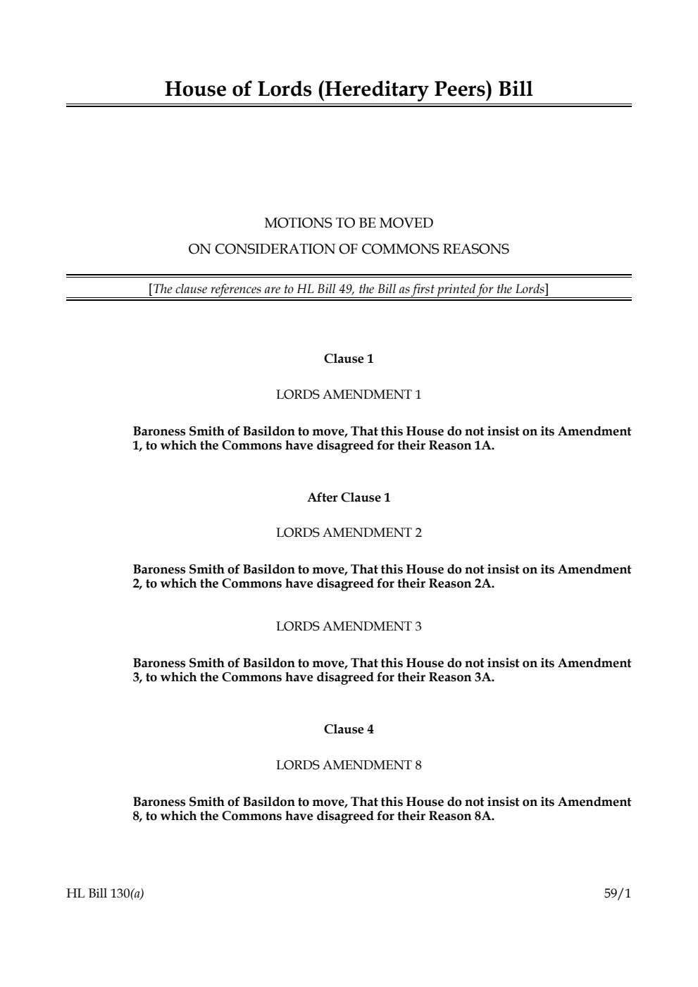 House of Lords (Hereditary Peers) Bill Motions to be moved on consideration of Commons reasons