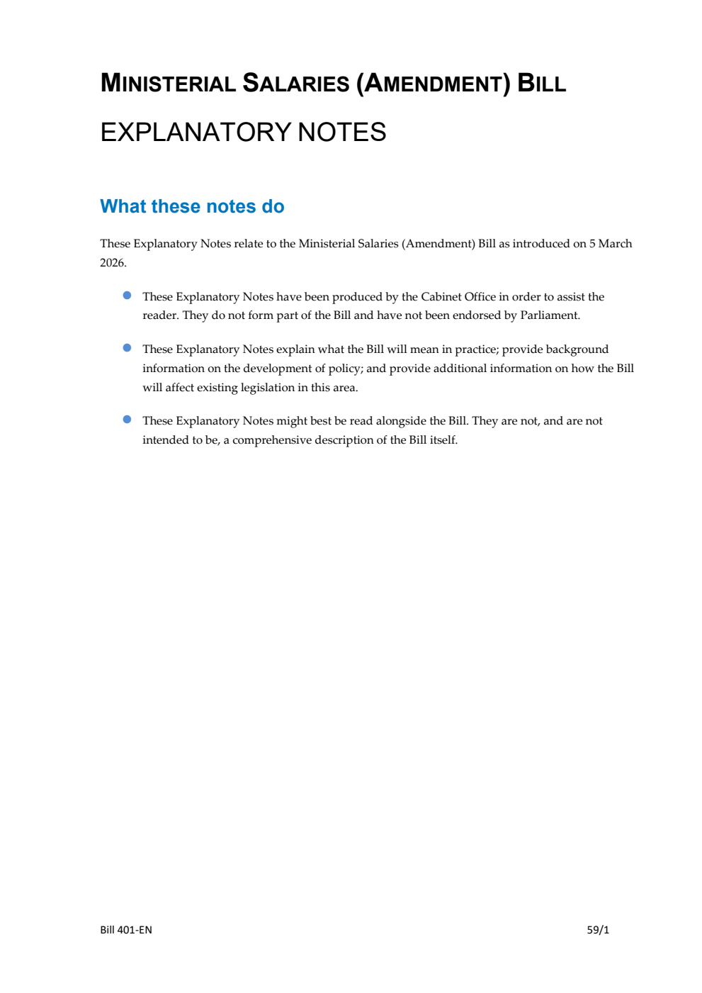 Ministerial Salaries (Amendment) Bill Explanatory Notes