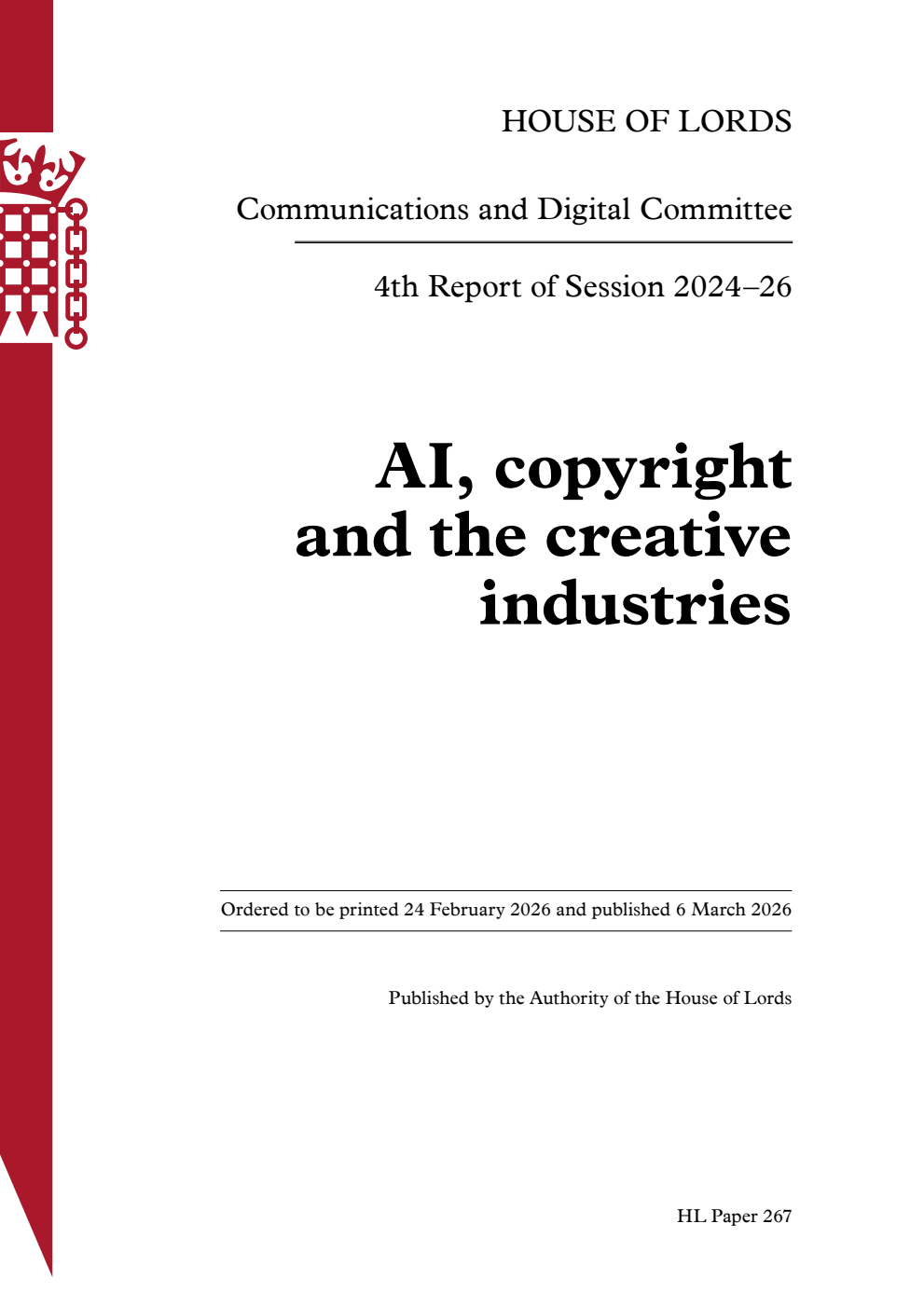Communications and Digital Committee 4th Report. AI, copyright and the creative industries Volume 1. Report