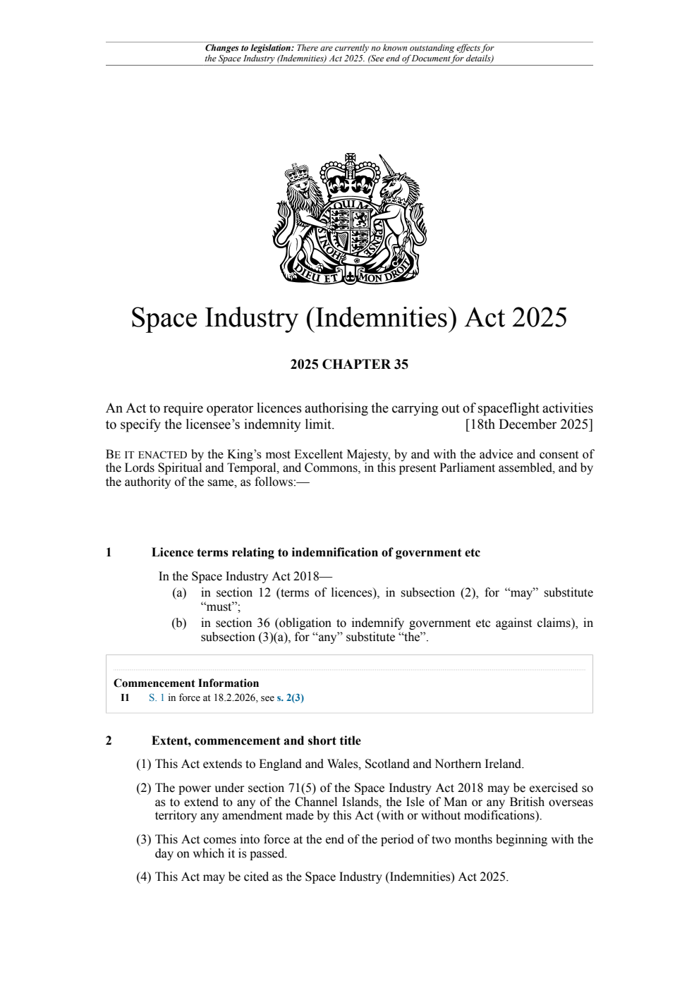 Space Industry (Indemnities) Act 2025: Chapter 35. Revised 23 February 2026