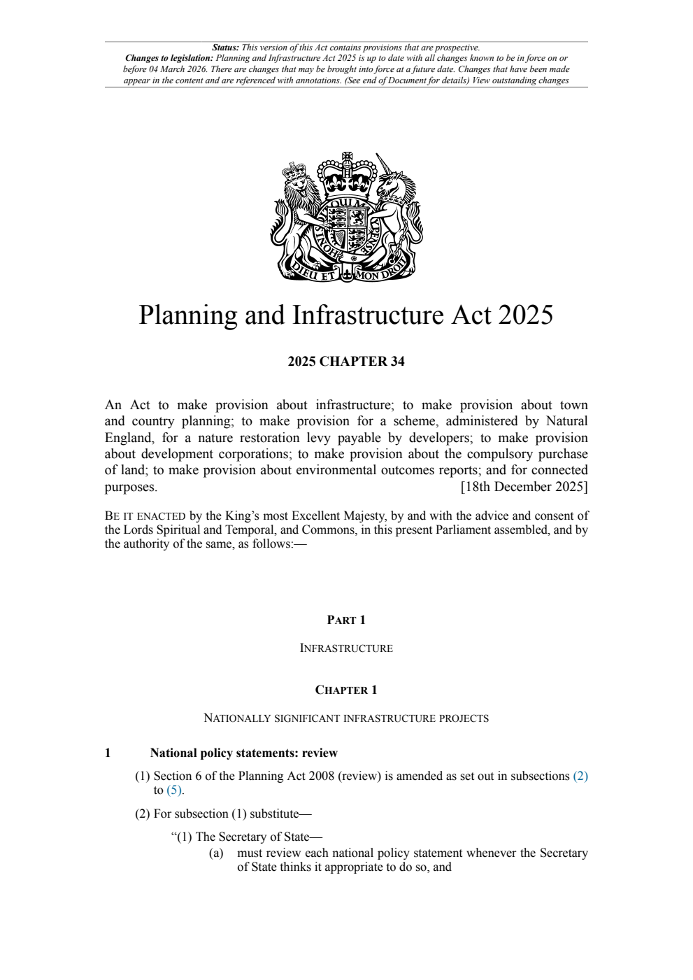 Planning and Infrastructure Act 2025: Chapter 34. Revised 03 March 2026