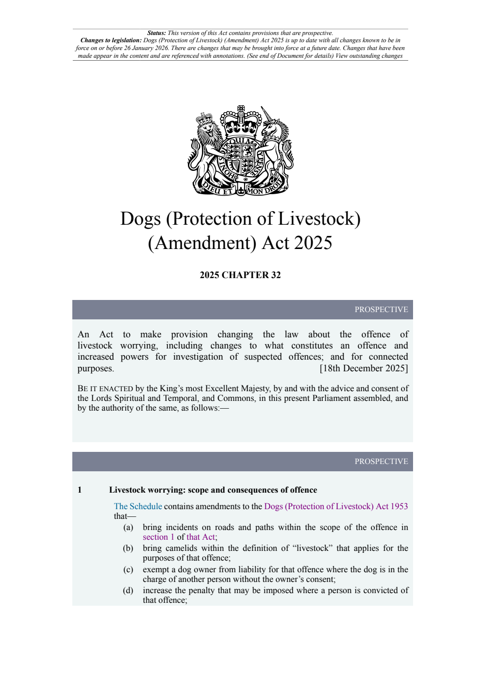 Dogs (Protection of Livestock) (Amendment) Act 2025: Chapter 32. Revised 26 January 2026