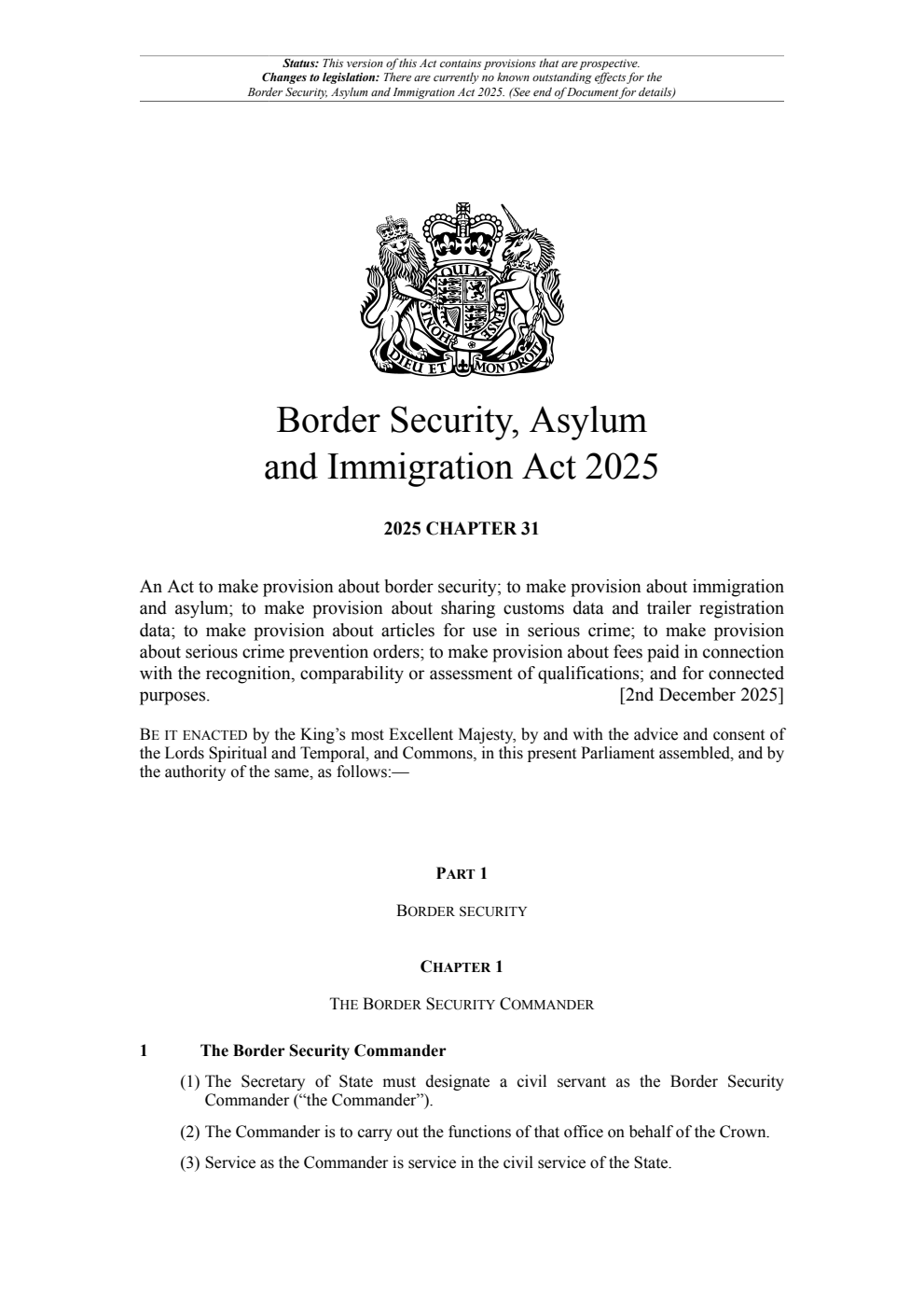 Border Security, Asylum and Immigration Act 2025: Chapter 31. Revised 05 March 2026
