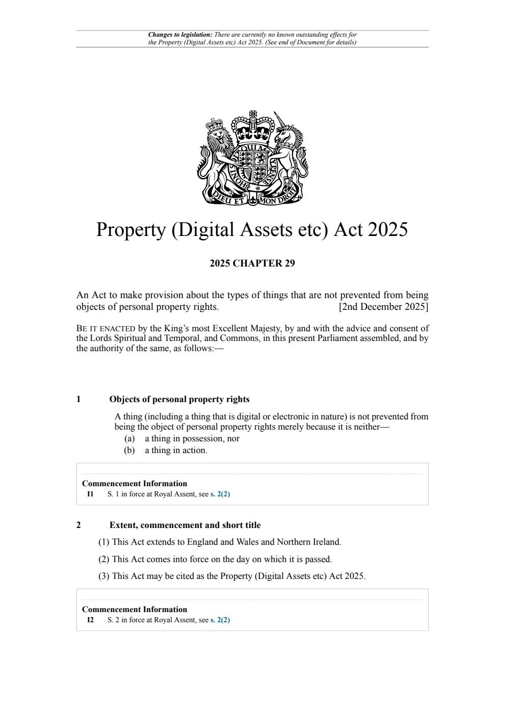 Property (Digital Assets etc) Act 2025: Chapter 29. Revised 20 January 2026