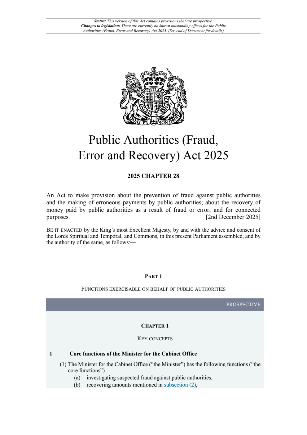 Public Authorities (Fraud, Error and Recovery) Act 2025: Chapter 28. Revised 02 February 2026