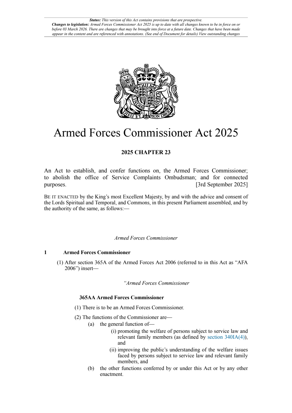 Armed Forces Commissioner Act 2025: Chapter 23. Revised 02 March 2026