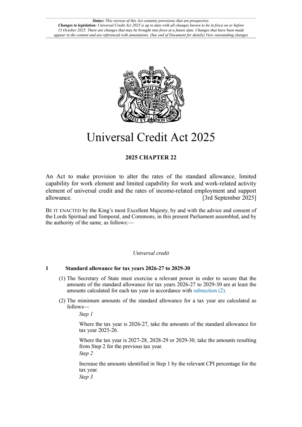 Universal Credit Act 2025: Chapter 22. Revised 15 October 2025