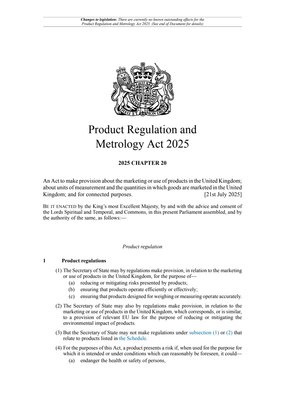 Product Regulation and Metrology Act 2025: Chapter 20. Revised 07 August 2025