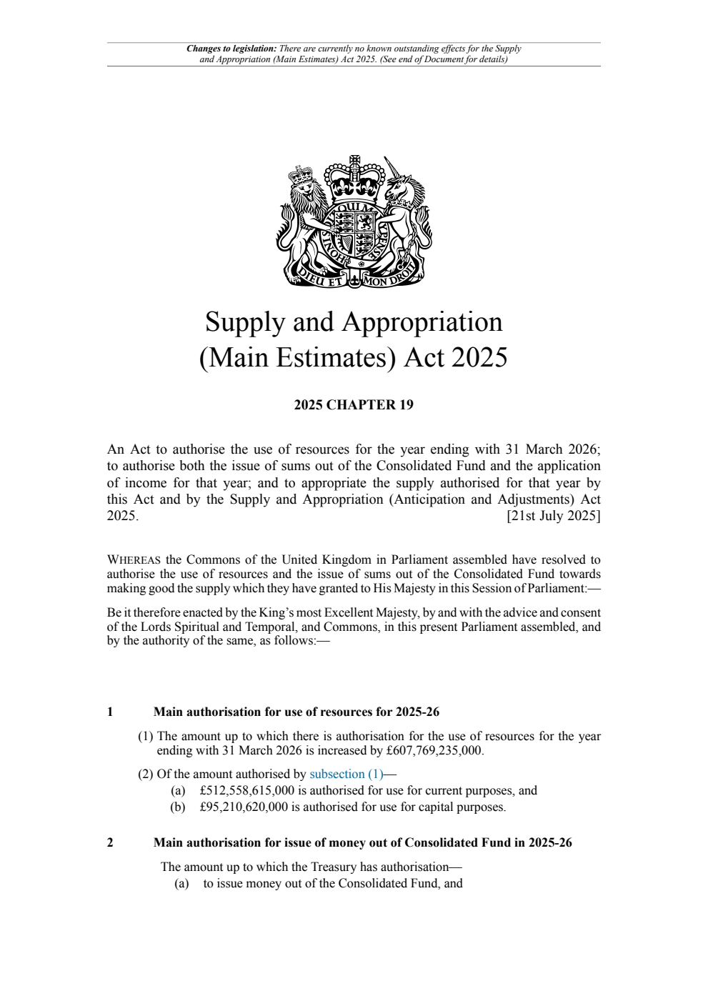 Supply and Appropriation (Main Estimates) Act 2025: Chapter 19. Revised 18 August 2025