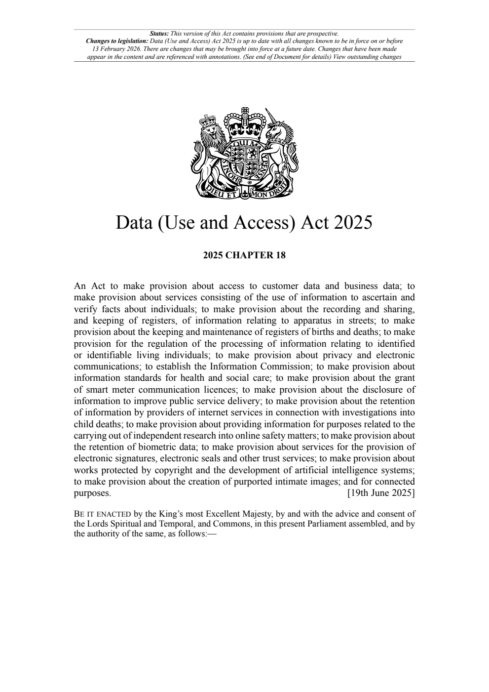 Data (Use and Access) Act 2025: Chapter 18. Revised 13 February 2026