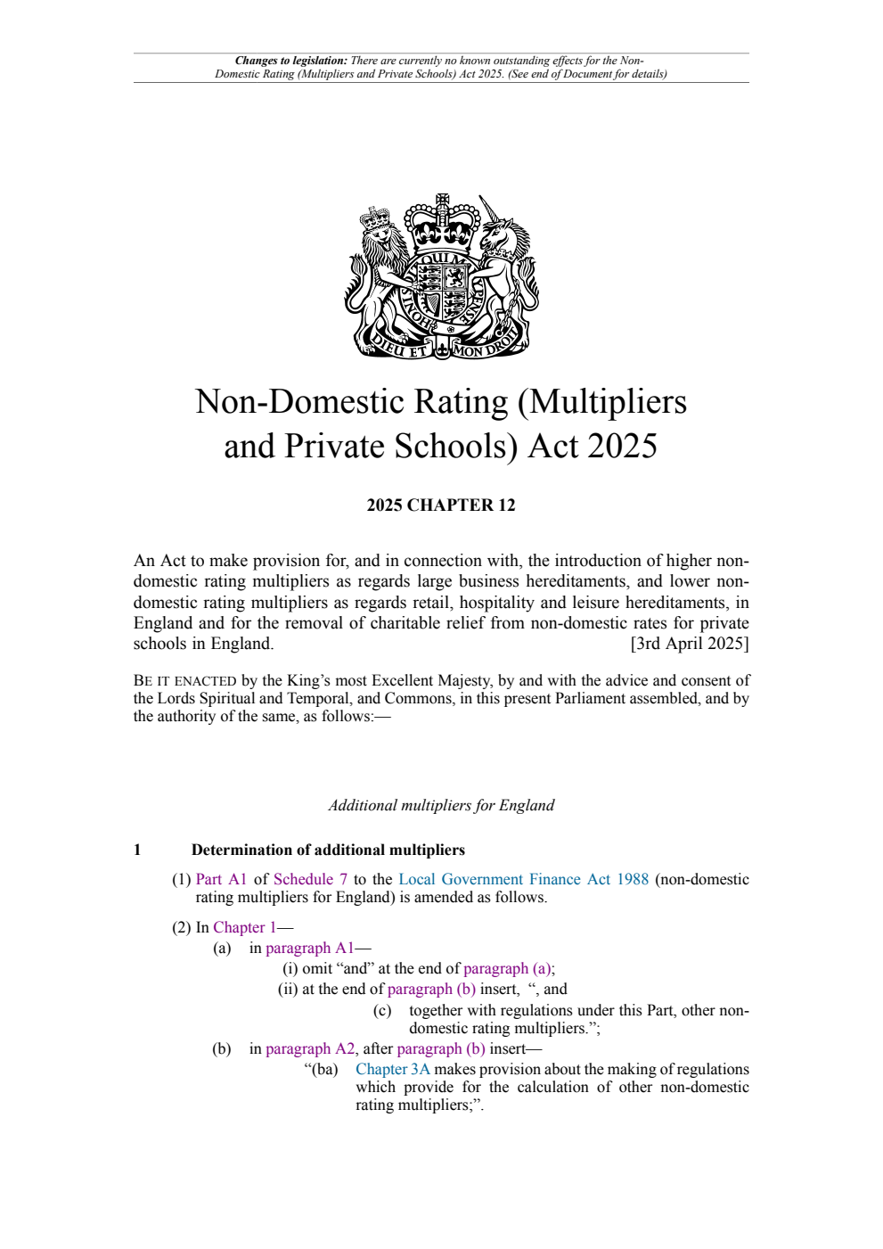 Non-Domestic Rating (Multipliers and Private Schools) Act 2025: Chapter 12. Revised 24 November 2025