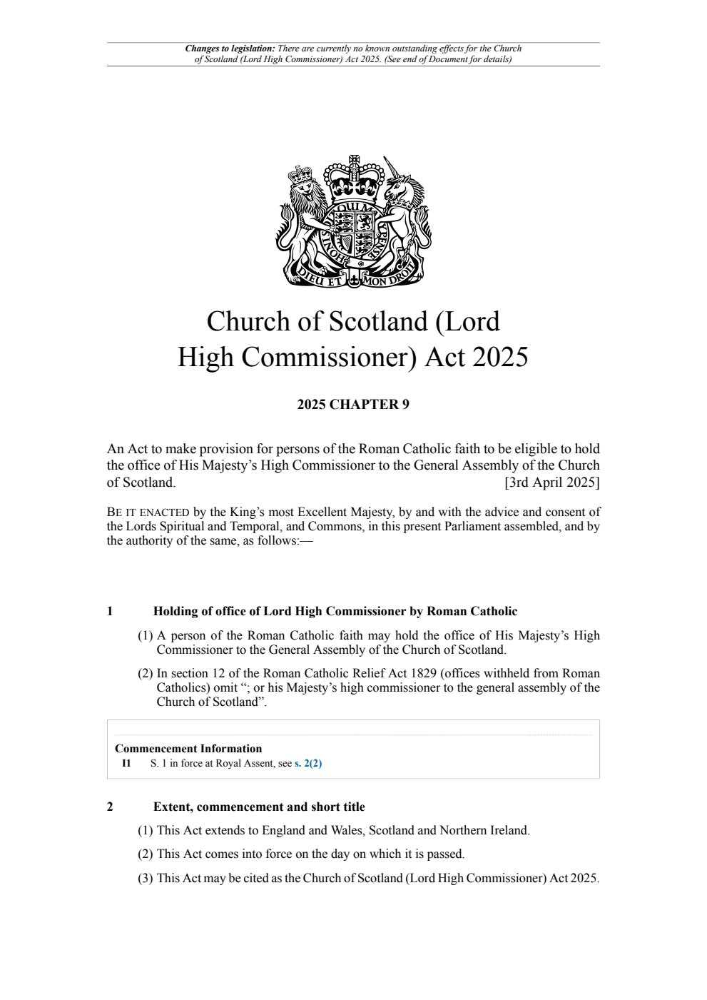 Church of Scotland (Lord High Commissioner) Act 2025: Chapter 9. Revised 19 June 2025