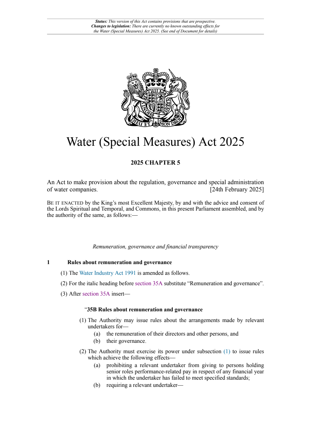 Water (Special Measures) Act 2025: Chapter 5. Revised 01 September 2025