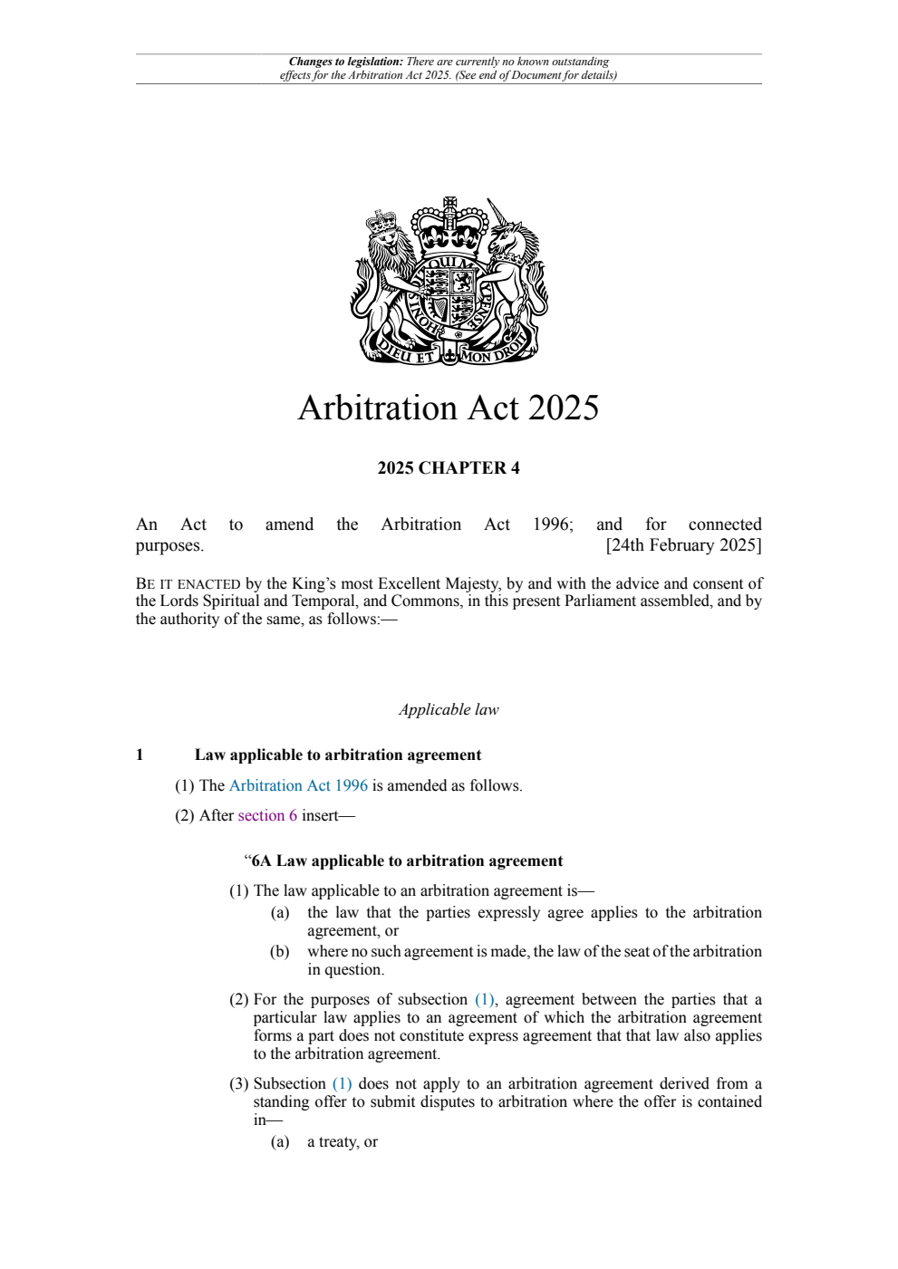 Arbitration Act 2025: Chapter 4. Revised 01 August 2025