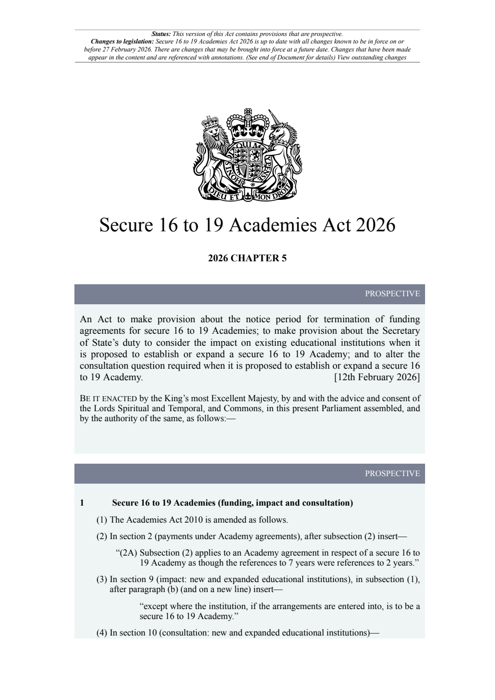 Secure 16 to 19 Academies Act 2026: Chapter 5. Revised 27 February 2026