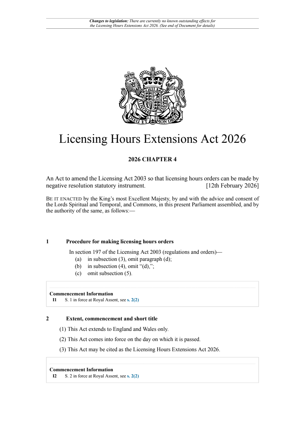 Licensing Hours Extensions Act 2026: Chapter 4. Revised 04 March 2026