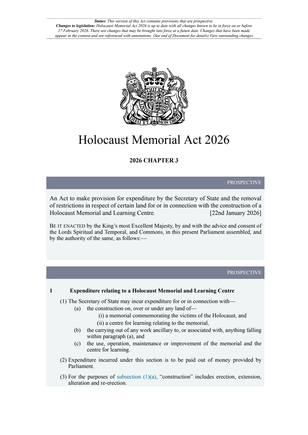 Holocaust Memorial Act 2026: Chapter 3. Revised 17 February 2026