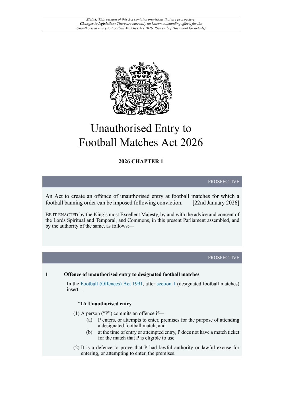 Unauthorised Entry to Football Matches Act 2026: Chapter 1. Revised 26 January 2026