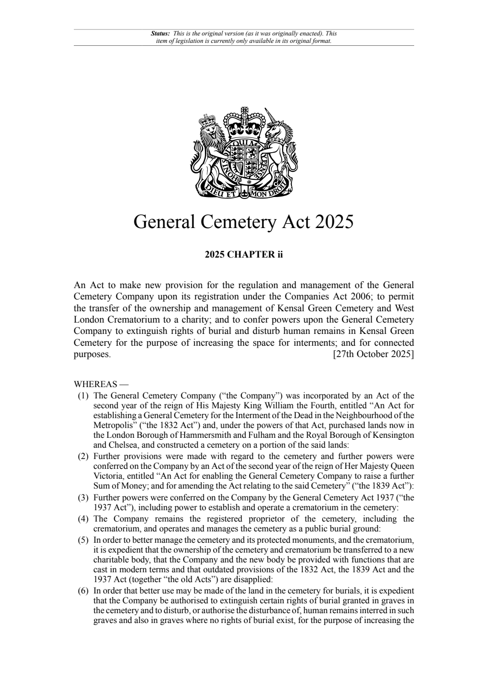 General Cemetery Act 2025 Chapter ii. Revised 28 October 2025