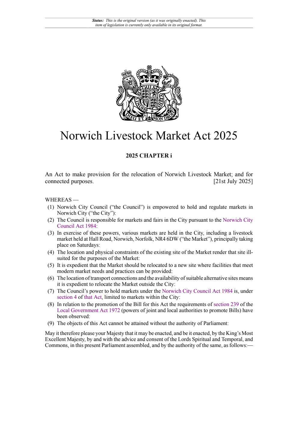 Norwich Livestock Market Act 2025 Chapter i. Revised 22 July 2025