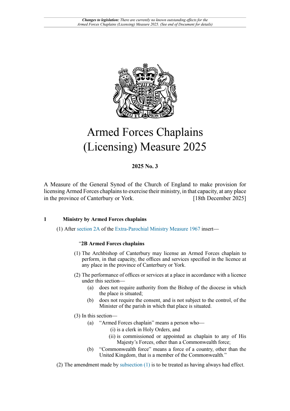Armed Forces Chaplains (Licensing) Measure 2025. Revised 20 January 2026