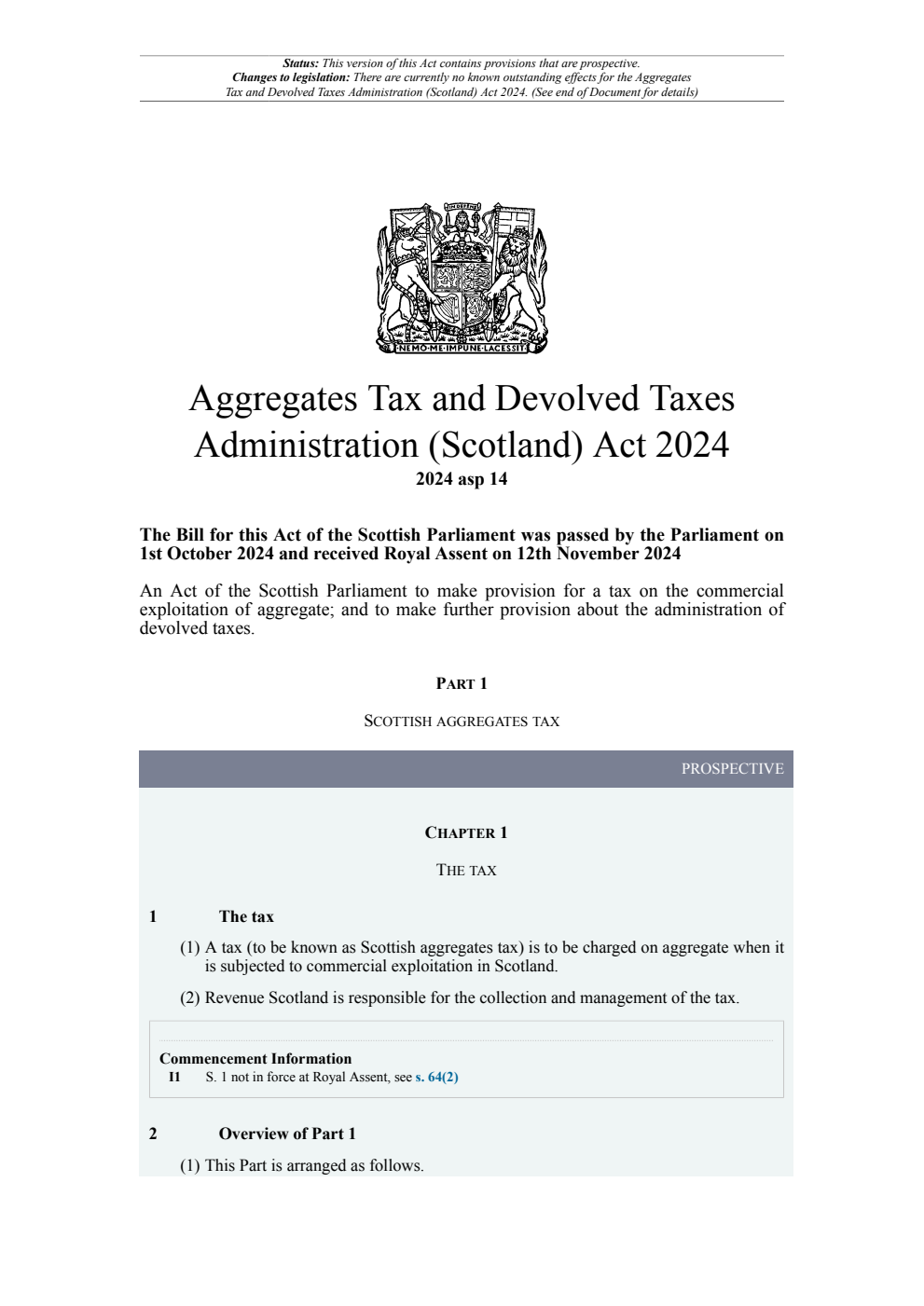 Aggregates Tax and Devolved Taxes Administration (Scotland) Act 2024. Revised 21 January 2026