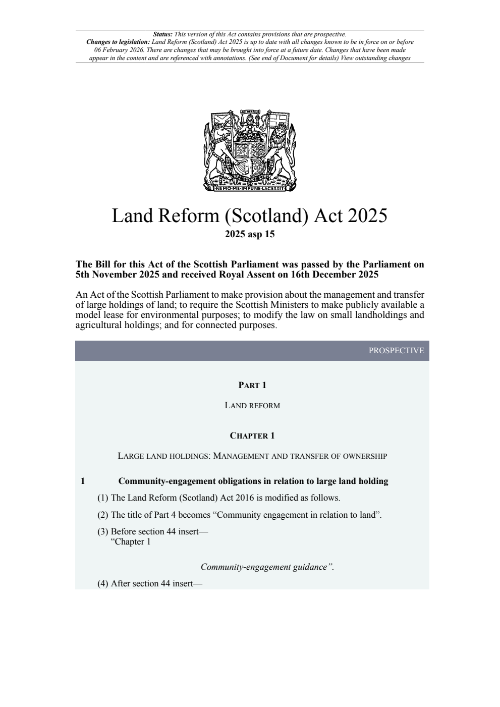 Land Reform (Scotland) Act 2025. Revised 06 February 2026