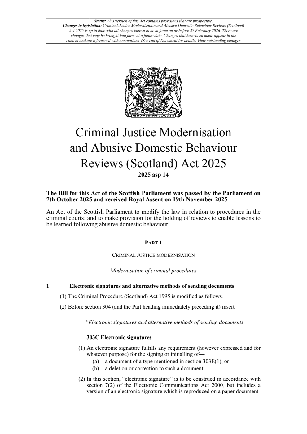 Criminal Justice Modernisation and Abusive Domestic Behaviour Reviews (Scotland) Act 2025. Revised 26 February 2026