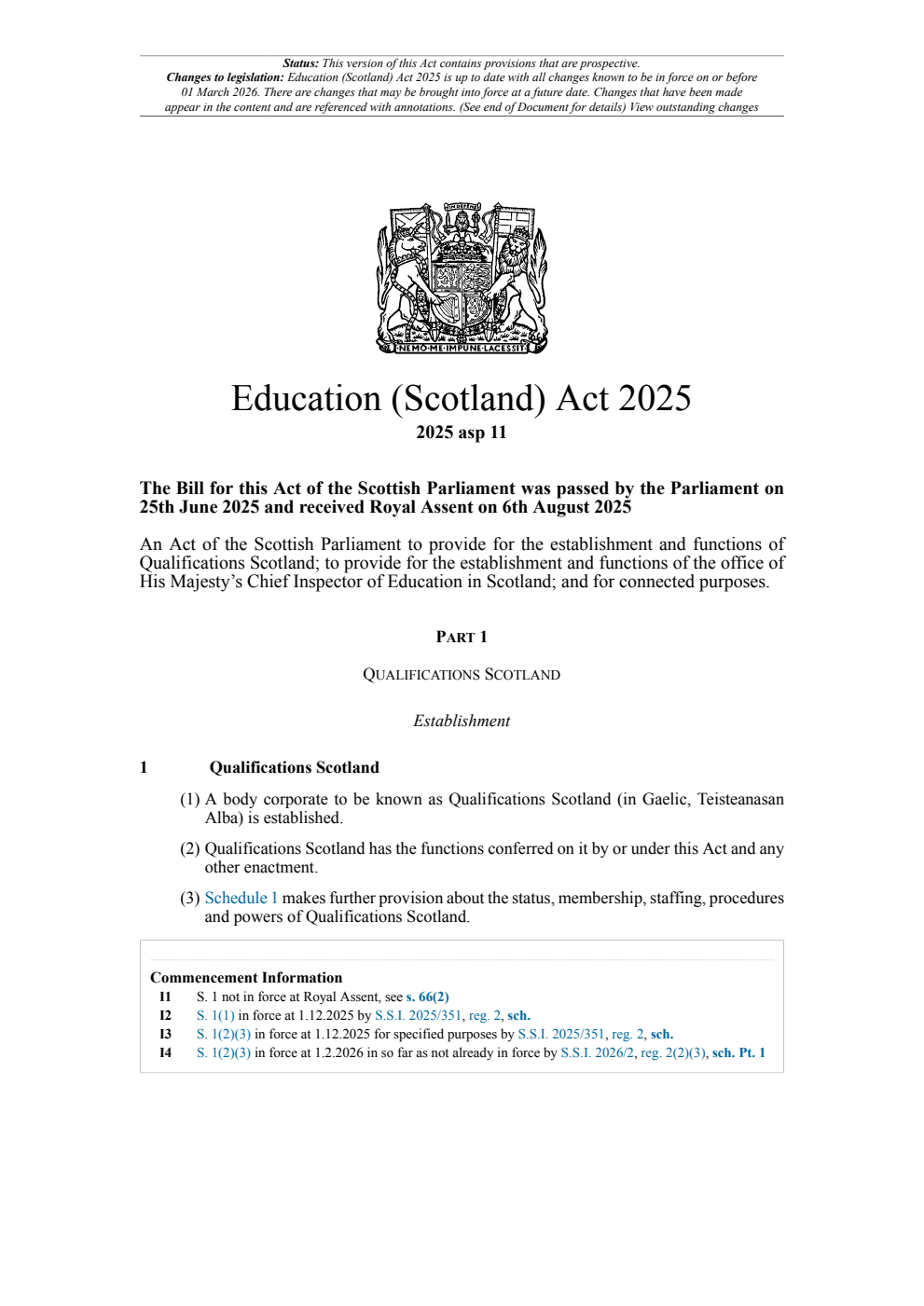 Education (Scotland) Act 2025. Revised 01 March 2026