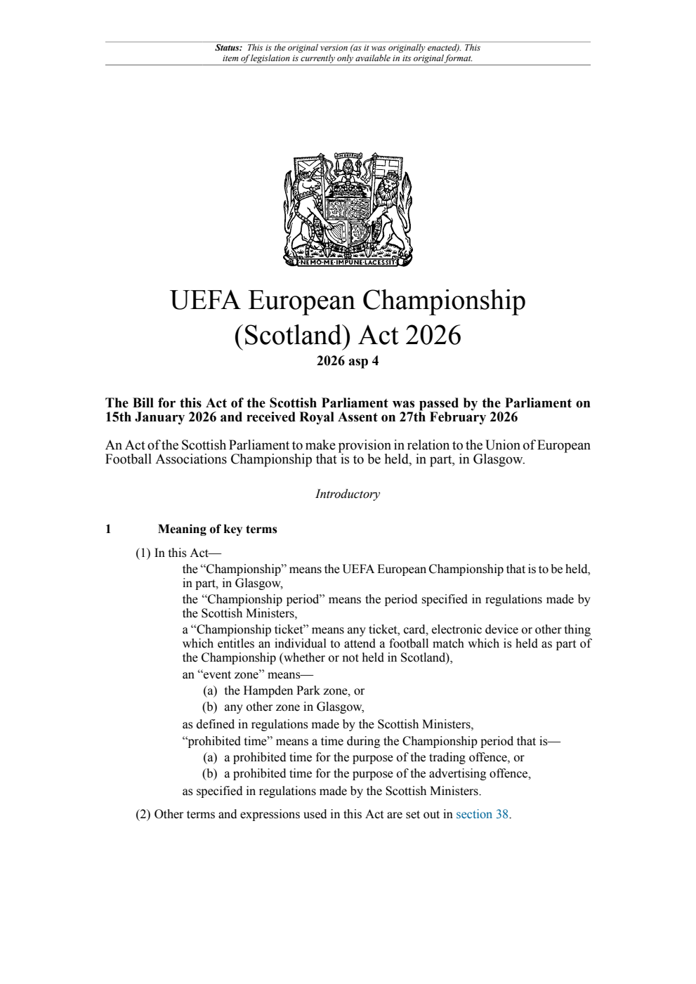 UEFA European Championship (Scotland) Act 2026. Revised 27 February 2026