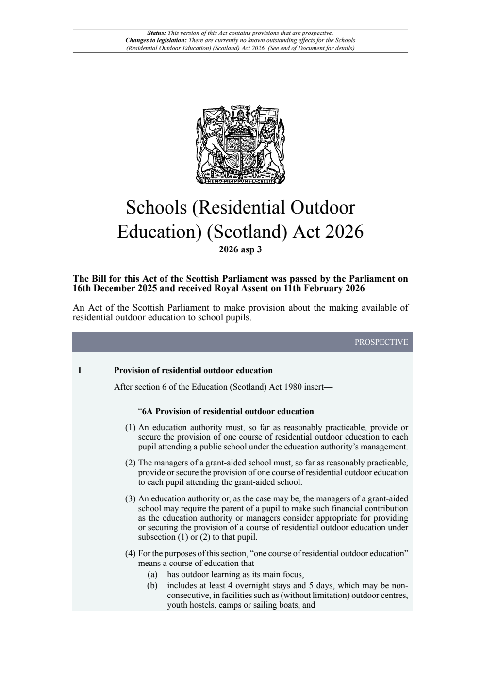 Schools (Residential Outdoor Education) (Scotland) Act 2026. Revised 04 March 2026