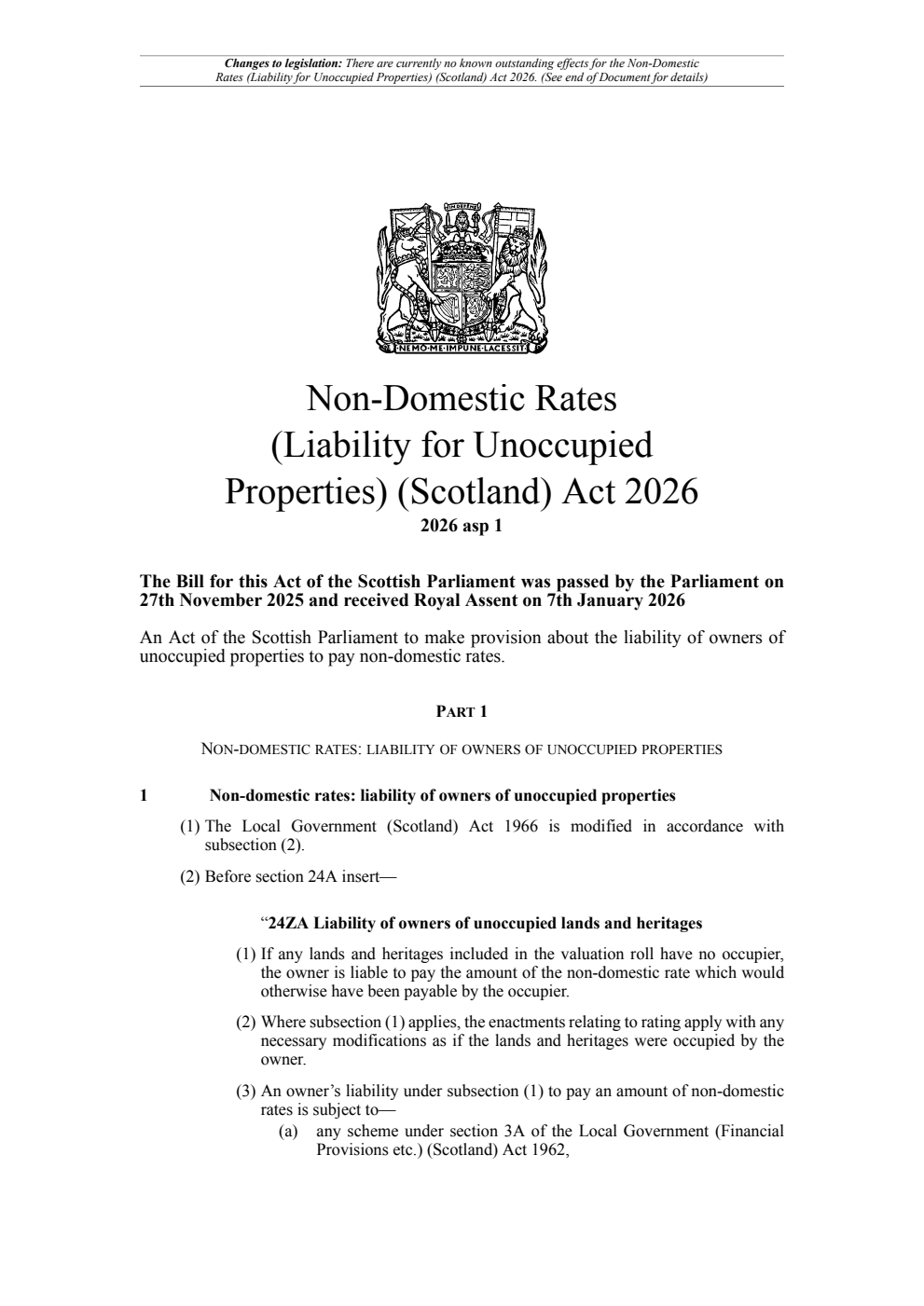 Non-Domestic Rates (Liability for Unoccupied Properties) (Scotland) Act 2026. Revised 09 February 2026