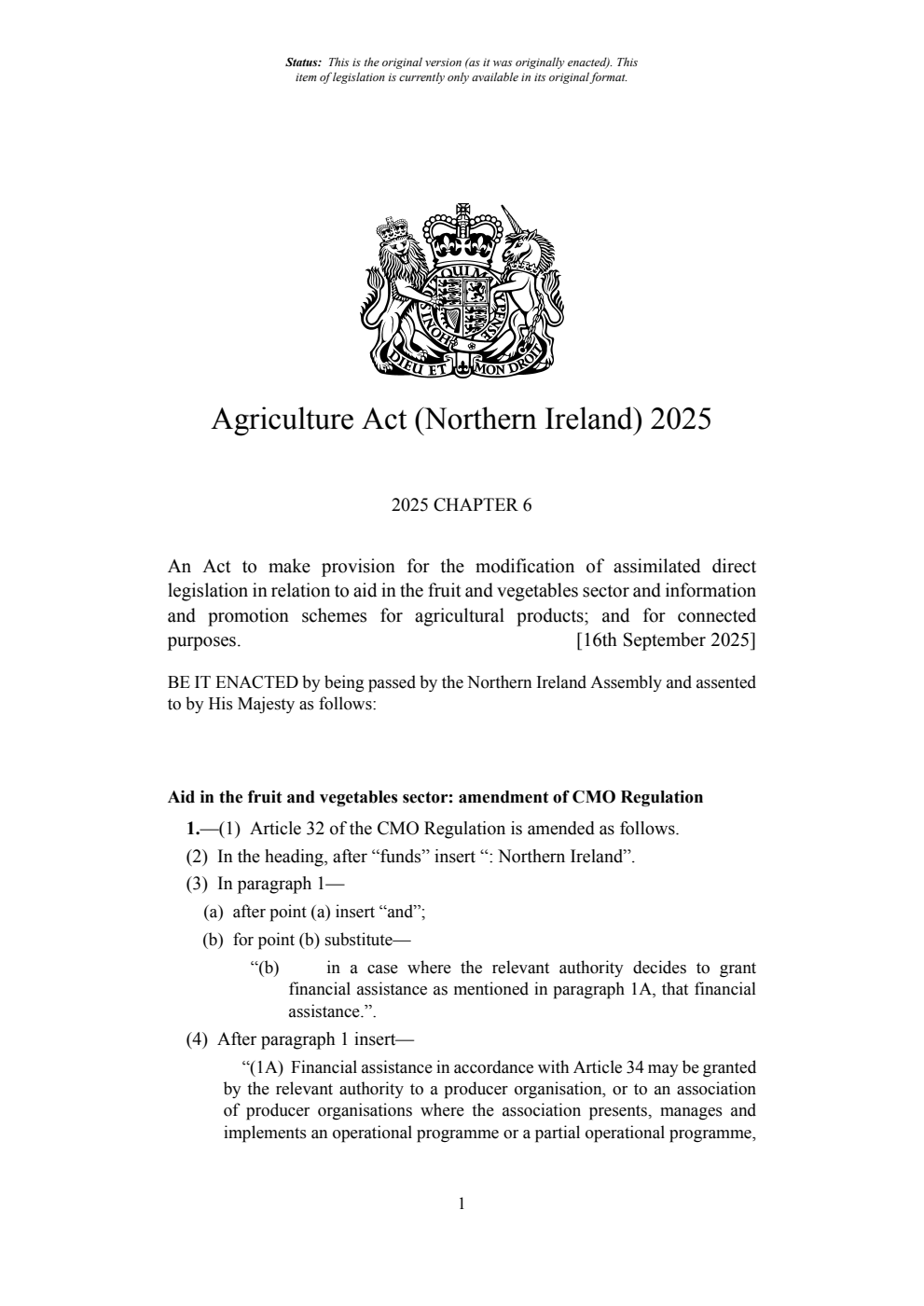 Agriculture Act (Northern Ireland) 2025. Revised 29 September 2025