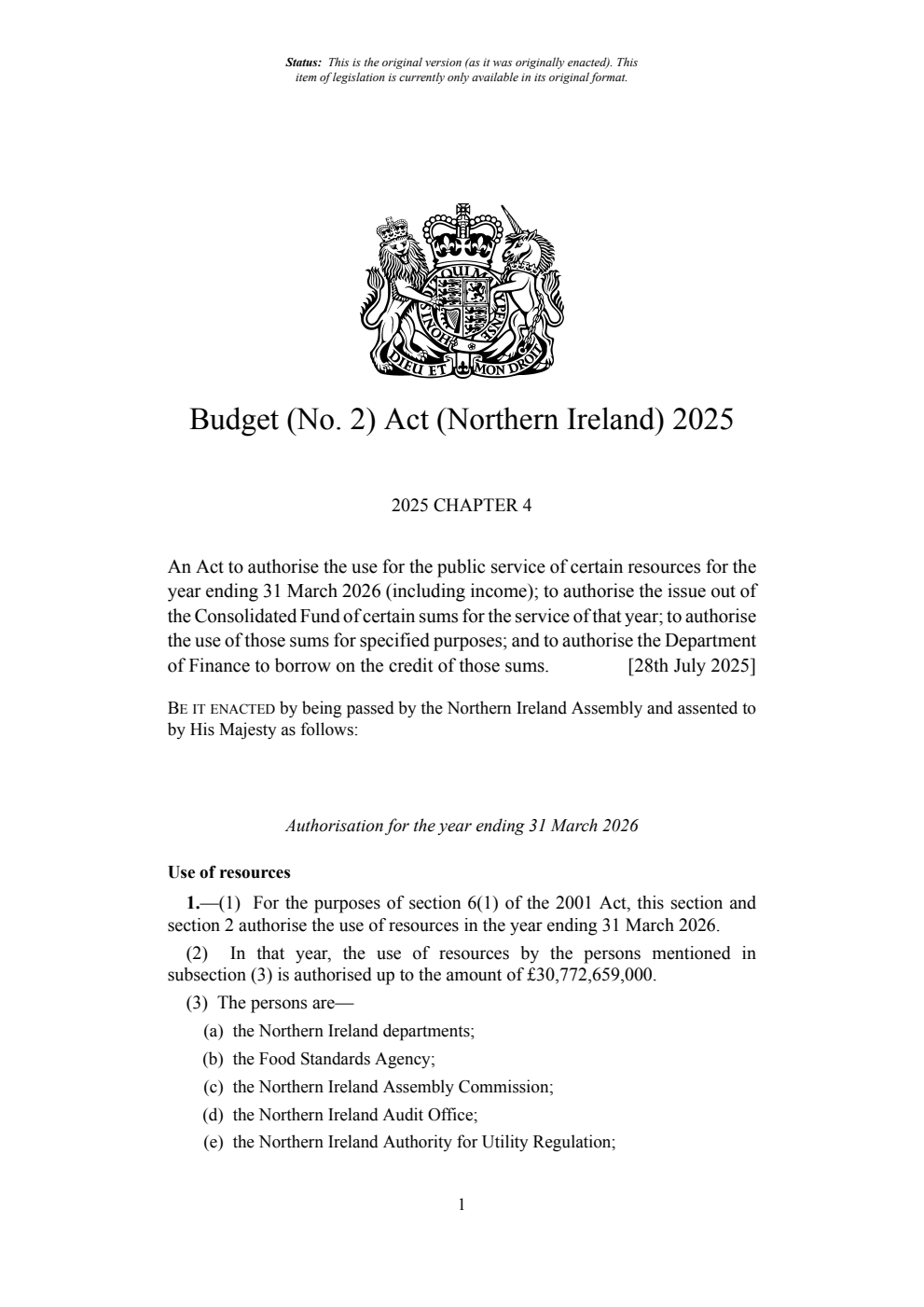 Budget (No. 2) Act (Northern Ireland) 2025. Revised 05 August 2025