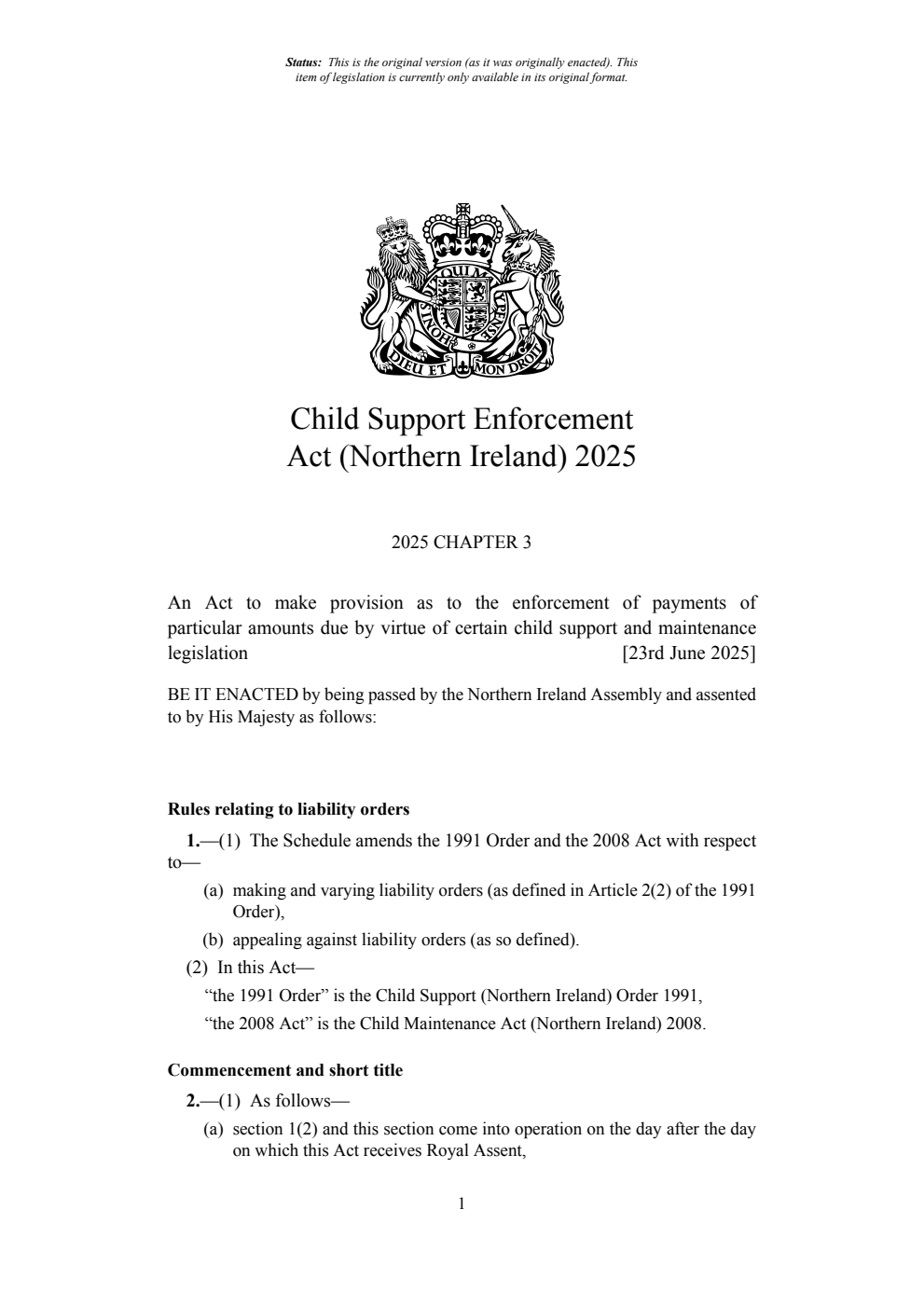Child Support Enforcement Act (Northern Ireland) 2025. Revised 25 June 2025