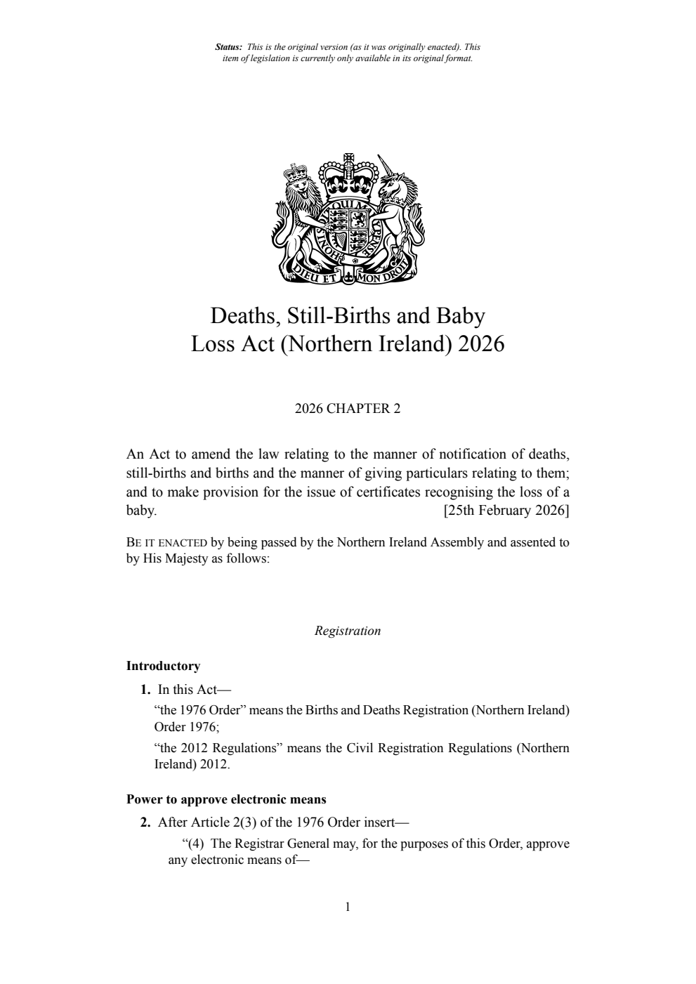 Deaths, Still-Births and Baby Loss Act (Northern Ireland) 2026. Revised 27 February 2026