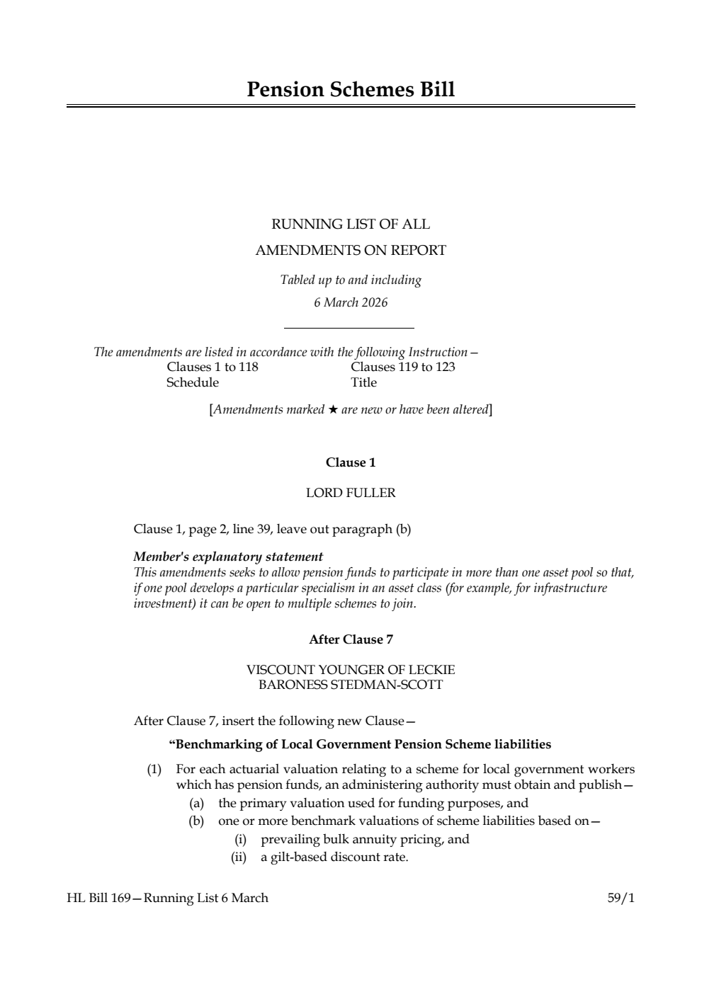 Pension Schemes Bill Running List of all amendments on report tabled up to and including 6 March 2026