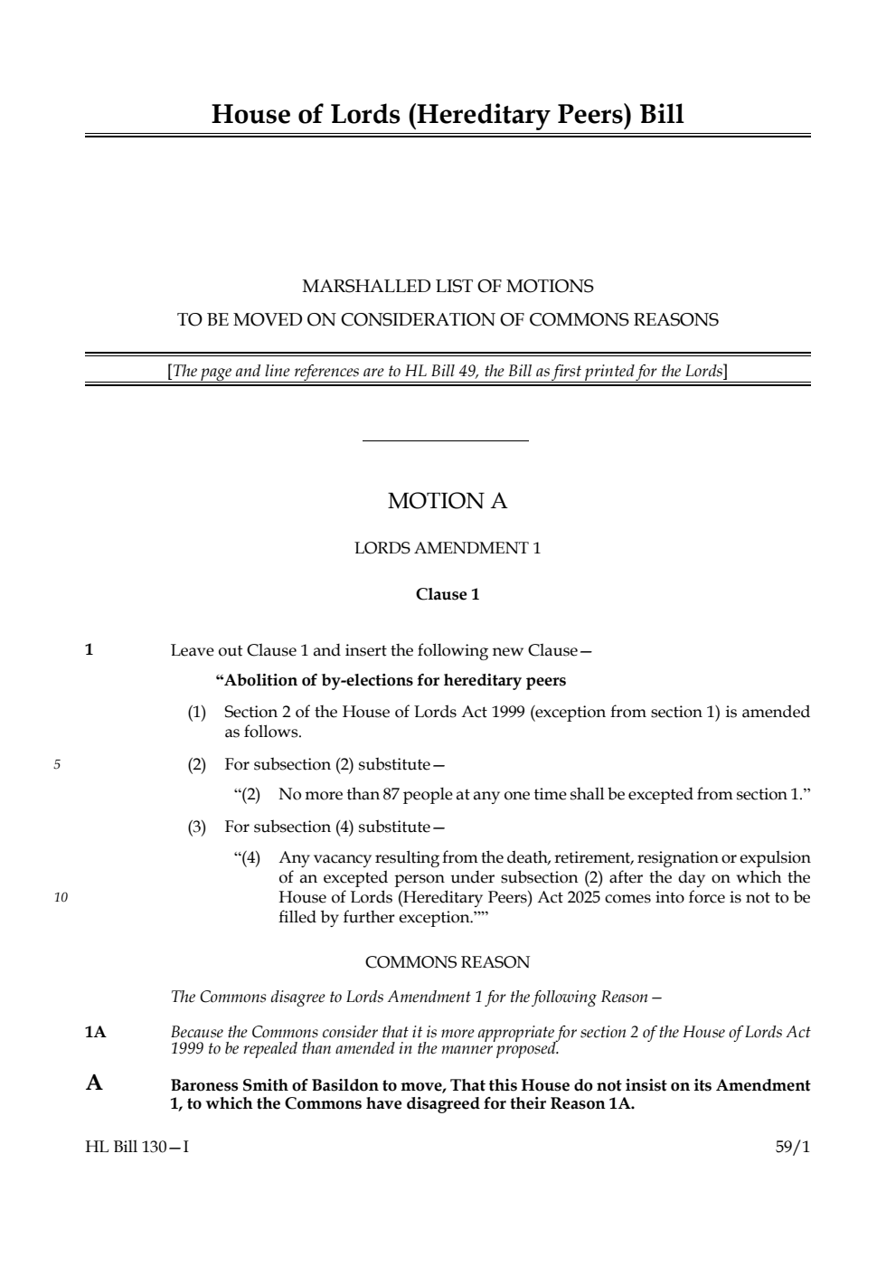 House of Lords (Hereditary Peers) Bill Marshalled List of motions to be moved on consideration of Commons reasons