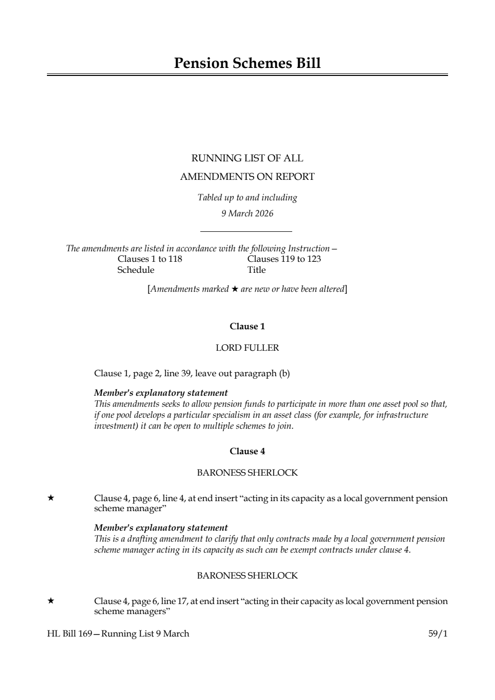Pension Schemes Bill Running List of all amendments on report tabled up to and including 9 March 2026