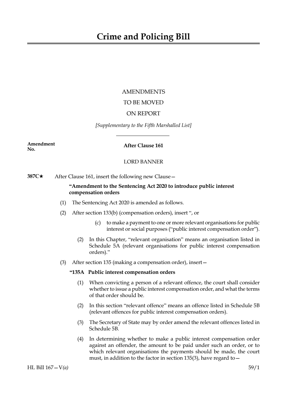 Crime and Policing Bill Amendments to be moved on report [Supplementary to the Fifth Marshalled List] 