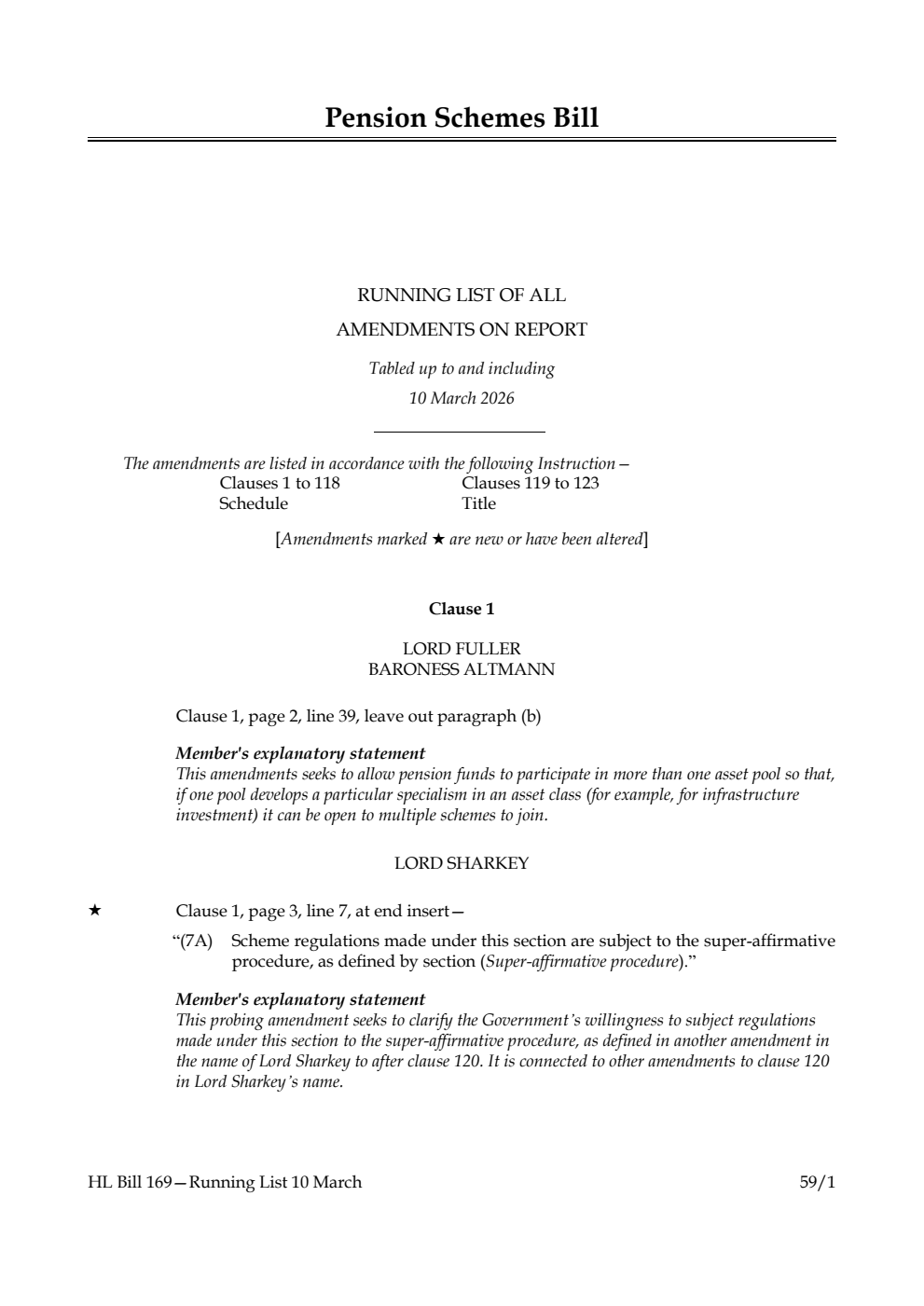 Pension Schemes Bill Running List of all amendments on report tabled up to and including 10 March 2026