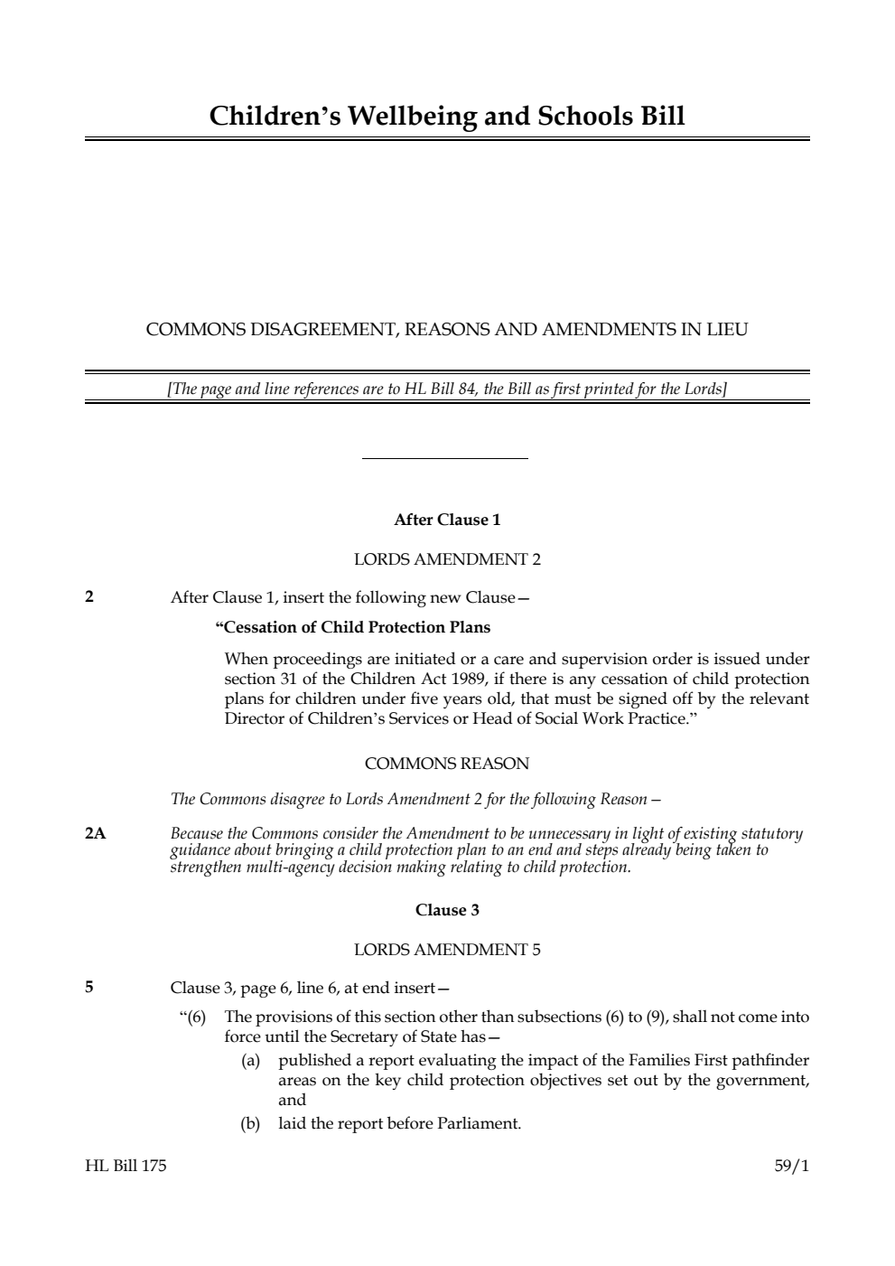 Children’s Wellbeing and Schools Bill Commons disagreement, reasons and amendments in lieu