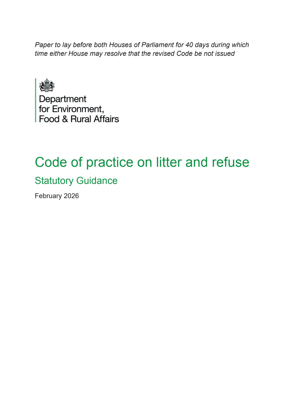 Code of practice on litter and refuse: Statutory Guidance. February 2026