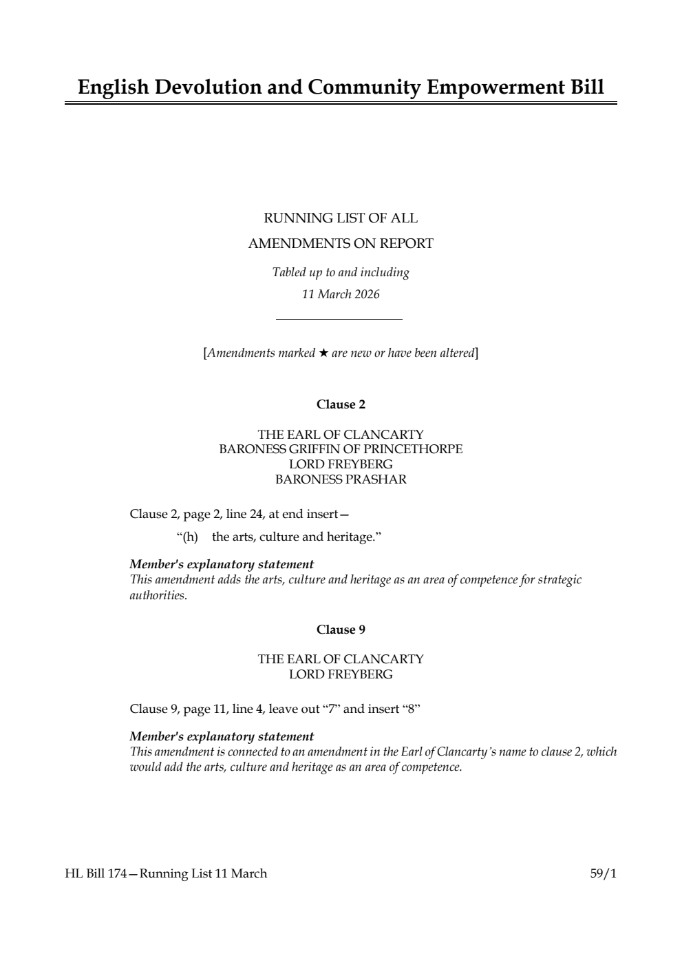 English Devolution and Community Empowerment Bill Running List of all amendments on report tabled up to and including 11 March 2026