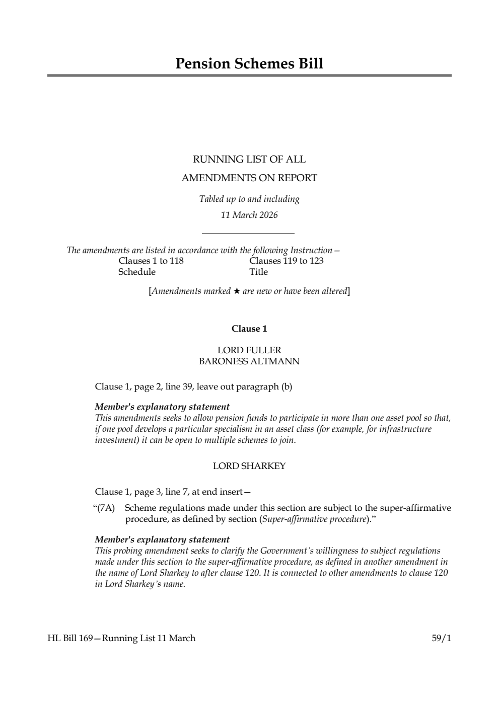 Pension Schemes Bill Running List of all amendments on report tabled up to and including 11 March 2026