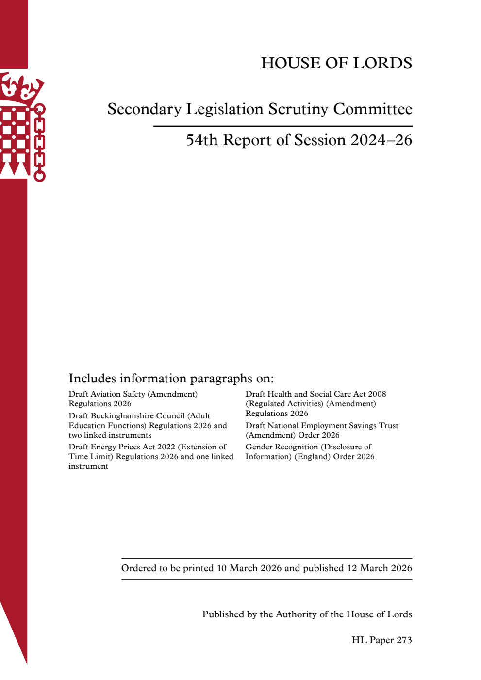 Secondary Legislation Scrutiny Committee 54th Report of Session 2024–26